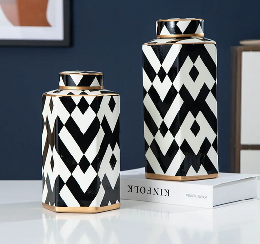 Modern Geometric Black and White Striped Storage Jar Household Ceramic