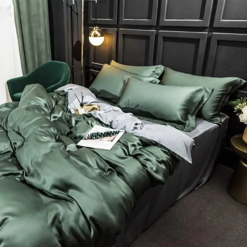 Bed Set 4pcs Silk Duvet Cover Flat Sheet Bed Linen Pillowcase
