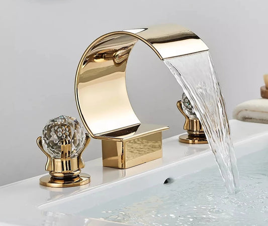 Bright Golden Waterfall Basin Faucet Dual Cristal Handle Widespread Bathroom Sink