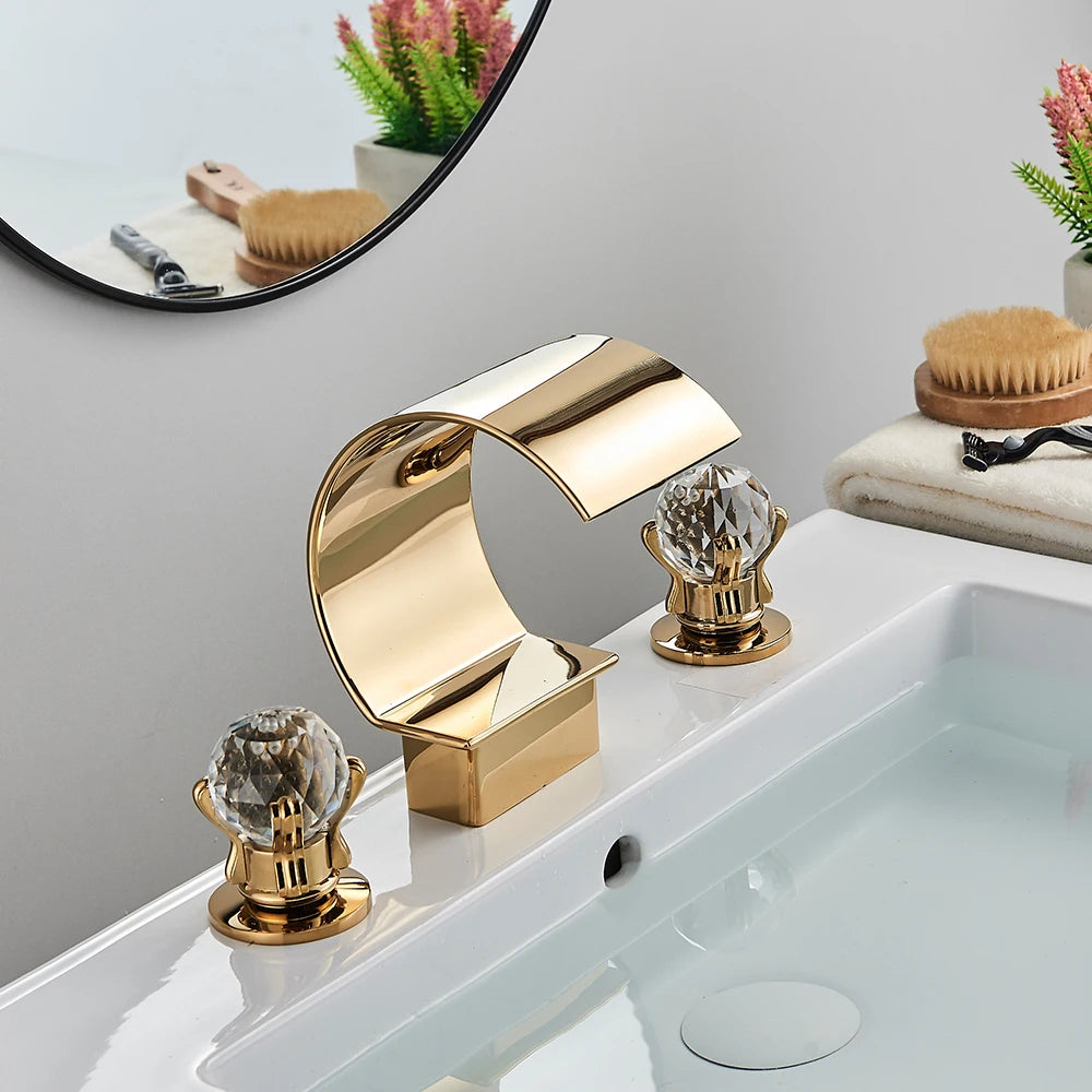 Bright Golden Waterfall Basin Faucet Dual Cristal Handle Widespread Bathroom Sink