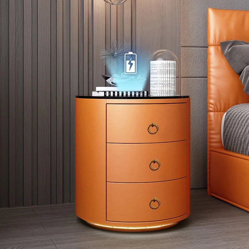 New Design Smart Nightstand Phone Wireless Charger Cabinet Round Wooden Bedside Table With Led Light