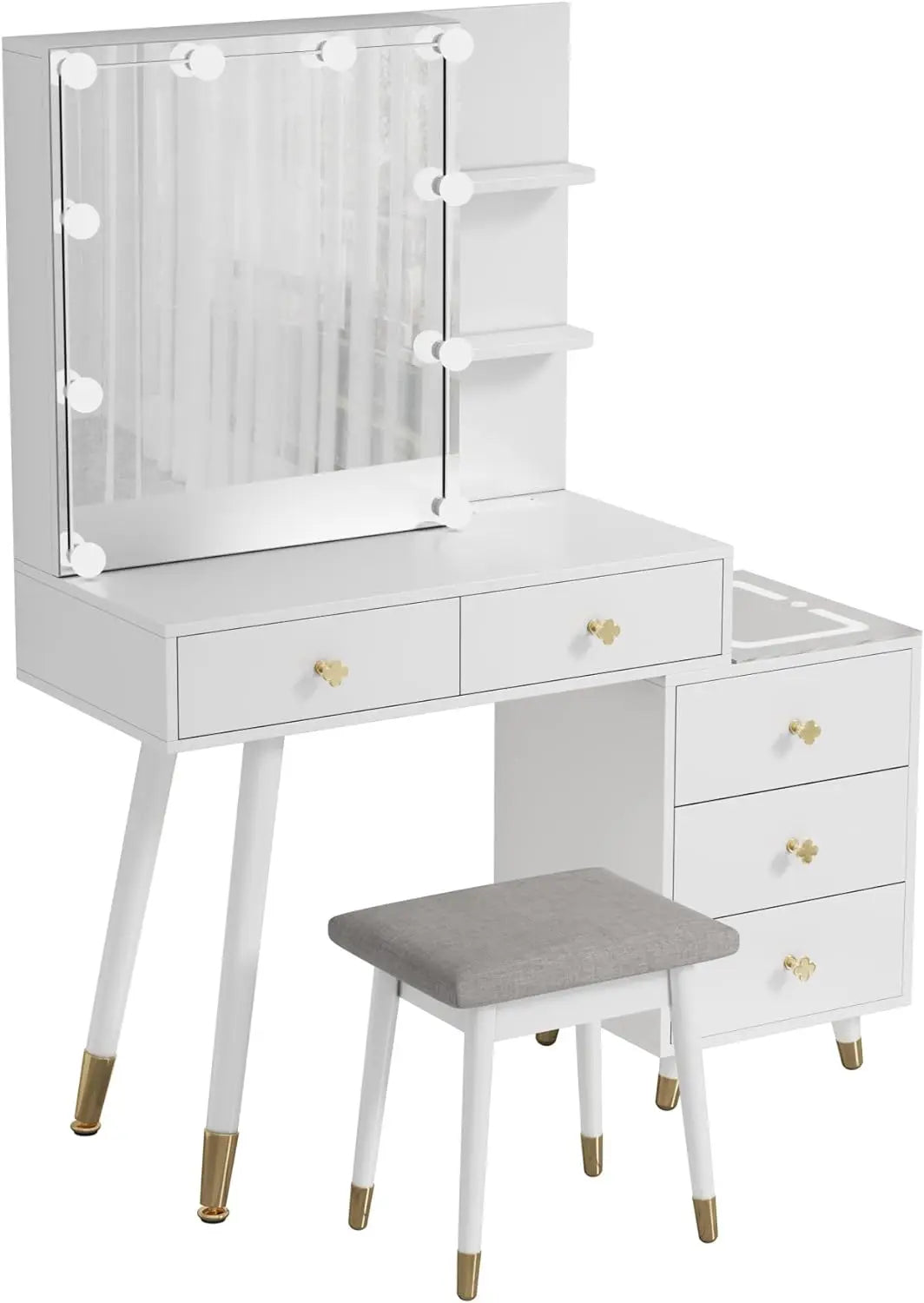 Vanity Desk with Lighted Mirror and Charging Station, Makeup Vanity Table with 5 Drawers and Storage Shelves