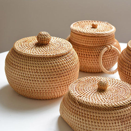 Round Rattan Box With Lid Hand-Woven Multi-Purpose