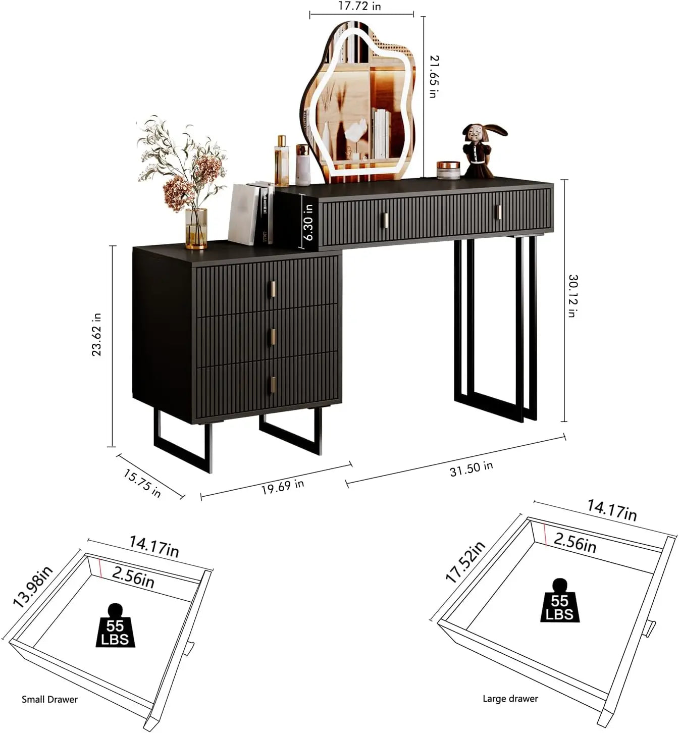 Vanity Table，Retractable Makeup Dressing Table with Nightstand，with Lighted Mirror and 5 Spacious Drawers
