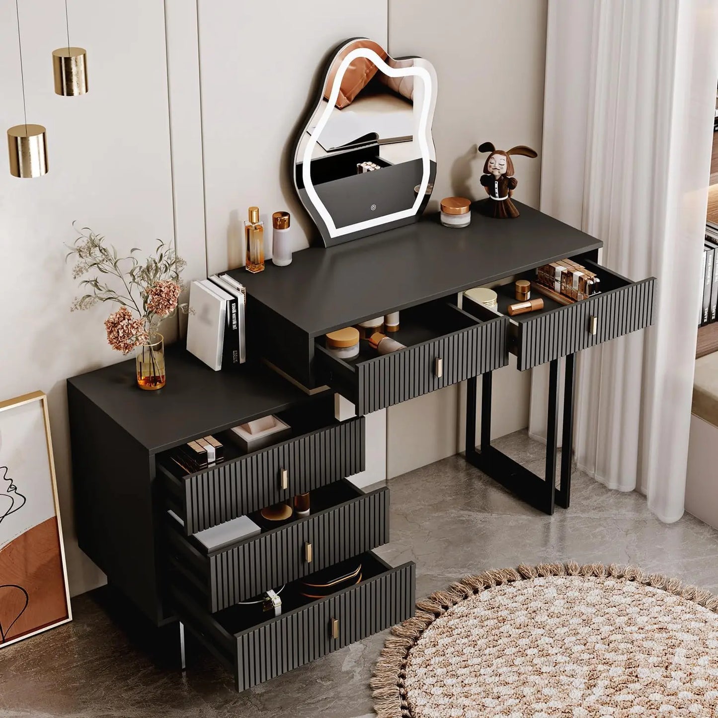 Vanity Table，Retractable Makeup Dressing Table with Nightstand，with Lighted Mirror and 5 Spacious Drawers