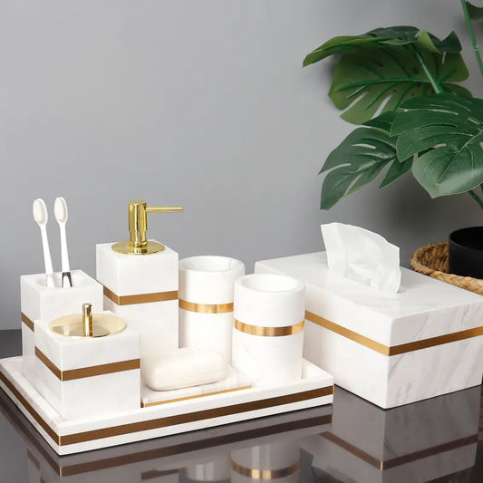 White Natural Marble Bathroom Accessories Golden Luxury Soap Dispenser Tray Tissue Box Bathroom Set
