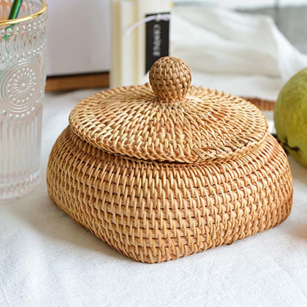 Round Rattan Box With Lid Hand-Woven Multi-Purpose