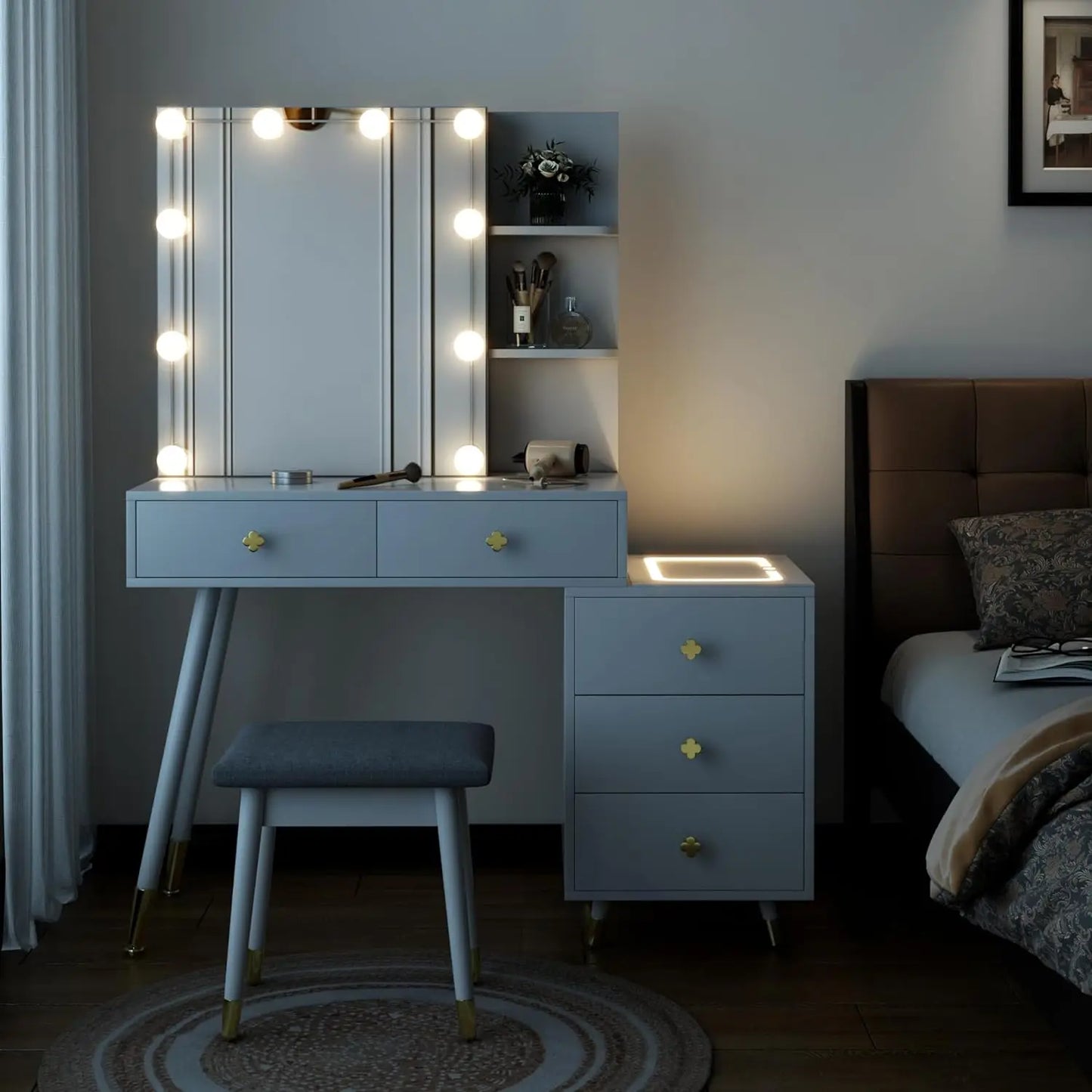 Vanity Desk with Lighted Mirror and Charging Station, Makeup Vanity Table with 5 Drawers and Storage Shelves