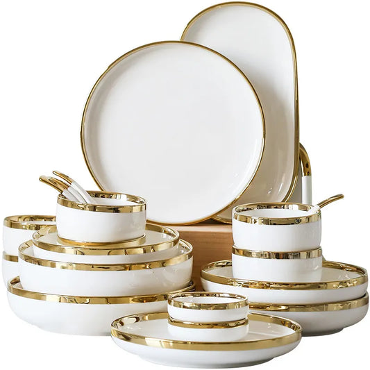 Gold Inlay Bright White Porcelain Dinner Sets