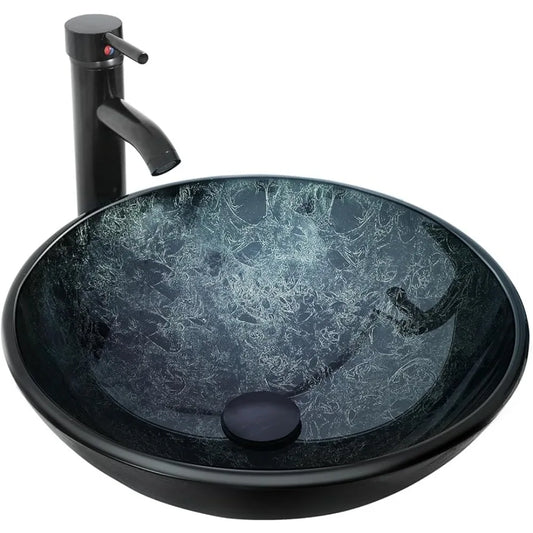 Stand Bowl Sink for Bathroom With Faucet Dark Green and Pop Up Drain Set