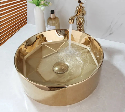 Golden Plated Ceramic Round Bathroom Sink w/ Pop Drain