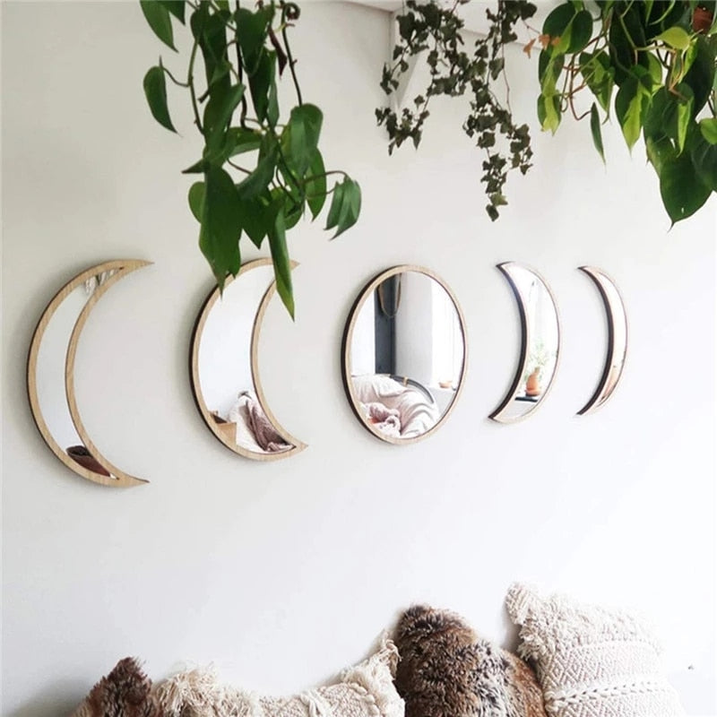 5 PCS Wooden Acrylic Moon Wall Decorative Mirror