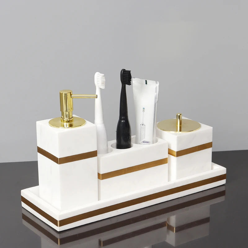 White Natural Marble Bathroom Accessories Golden Luxury Soap Dispenser Tray Tissue Box Bathroom Set