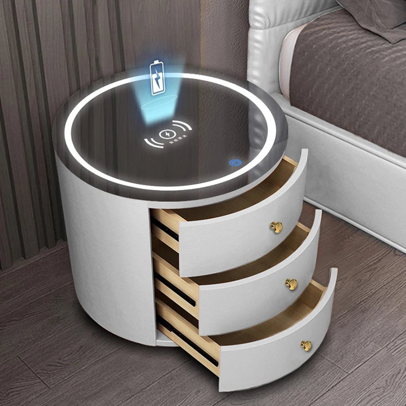 New Design Smart Nightstand Phone Wireless Charger Cabinet Round Wooden Bedside Table With Led Light