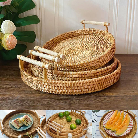 Rattan Bread Storage Basket Woven Storage Basket Fruit Cake Snacks Round Tray Picnic Basket Hand Woven Rattan Storage Tray Hot